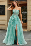 A-Line Green Tulle Corset Prom Dress with Appliques