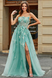 A-Line Green Tulle Corset Prom Dress with Appliques