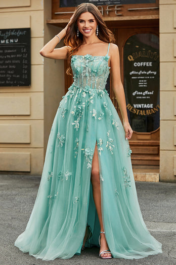A-Line Green Tulle Corset Prom Dress with Appliques