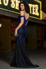 Load image into Gallery viewer, Sparkly Navy Mermaid Long Corset Beaded Prom Dress with Slit
