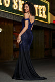 Sparkly Navy Mermaid Long Corset Beaded Prom Dress with Slit