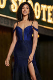 Sparkly Navy Mermaid Long Corset Beaded Prom Dress with Slit