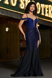 Sparkly Navy Mermaid Long Corset Beaded Prom Dress with Slit