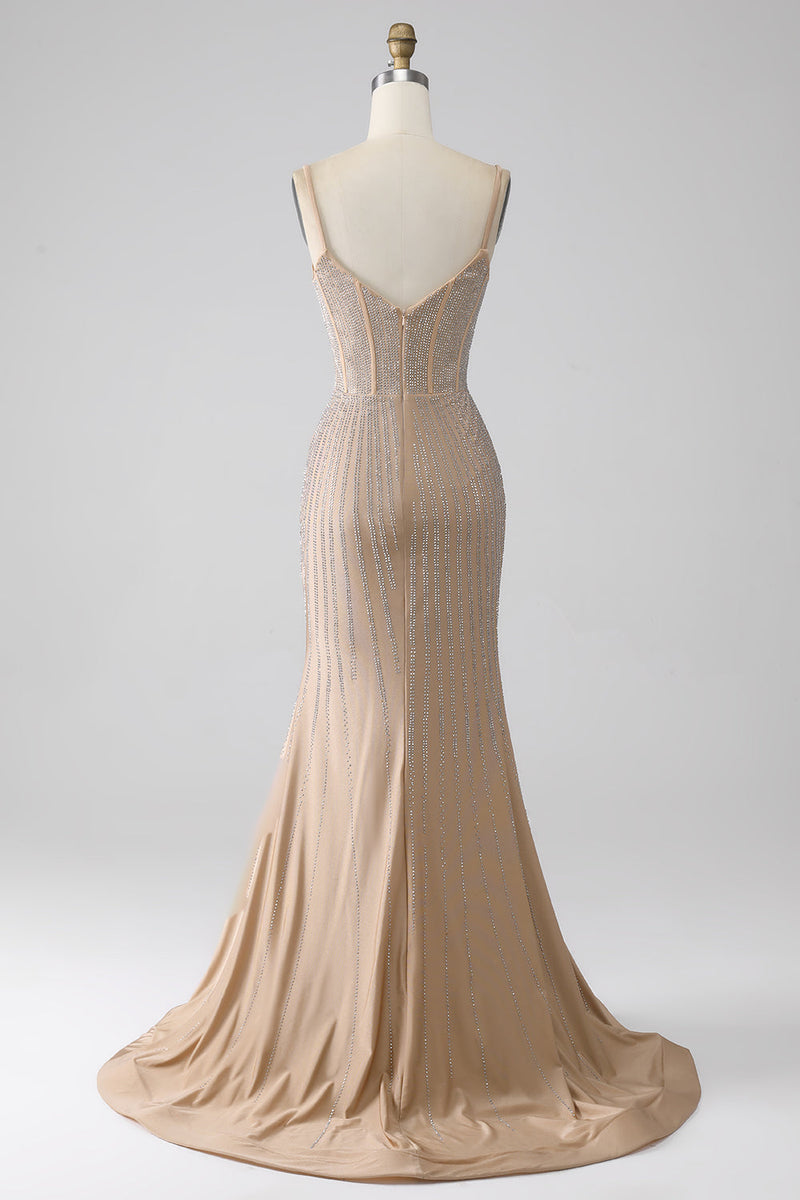 Load image into Gallery viewer, Sparkly Champagne Mermaid Spaghetti Straps Long Prom Dress with Slit