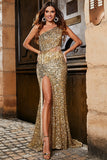 One Shoulder Golden Fringe Sequin Glitter Prom Dress With Slit