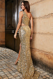 One Shoulder Golden Fringe Sequin Glitter Prom Dress With Slit