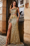 One Shoulder Golden Fringe Sequin Glitter Prom Dress With Slit