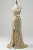 Load image into Gallery viewer, Golden One Shoulder Fringe Sequin Prom Dress With Slit