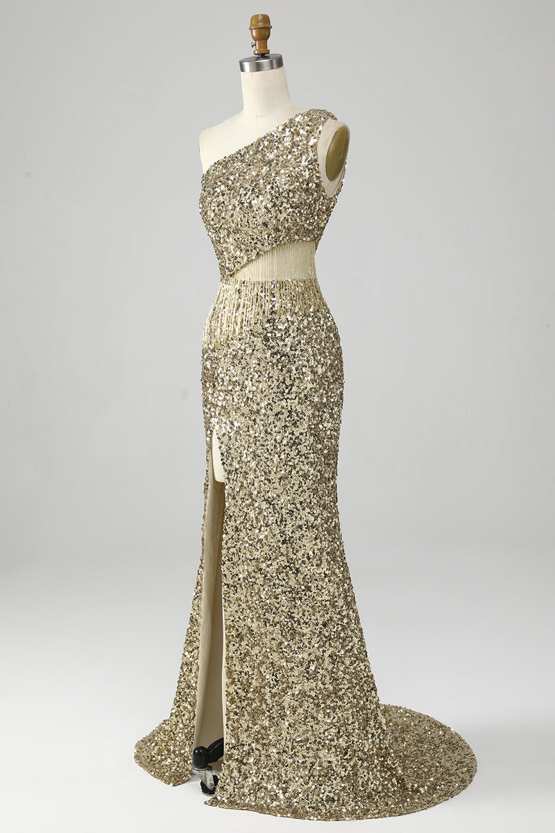 Load image into Gallery viewer, Golden One Shoulder Fringe Sequin Prom Dress With Slit