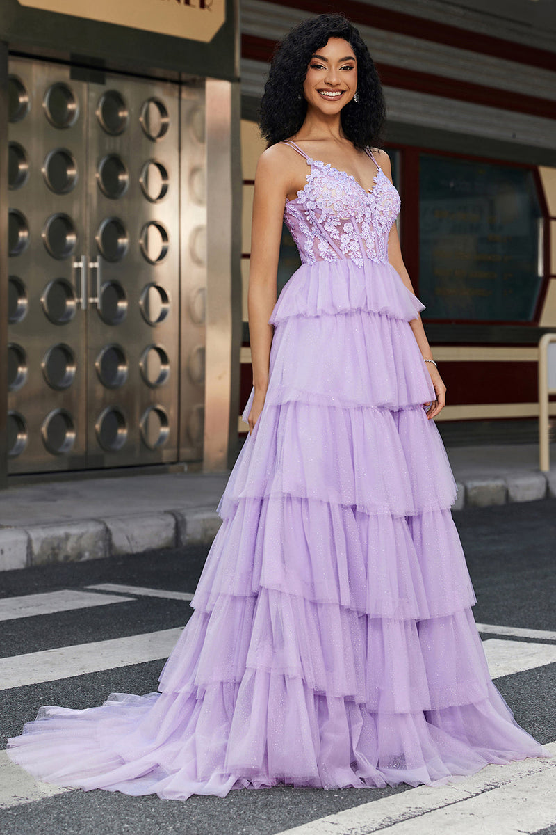 Load image into Gallery viewer, Princess A Line Spaghetti Straps Lilac Corset Prom Dress with Appliques Ruffles