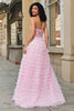 Load image into Gallery viewer, Pink A-Line Strapless Tiered Long Corset Prom Dress with Lace