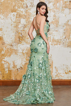 Spaghetti Straps Green Mermaid Corset Prom Dress with Appliques