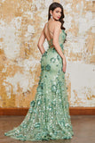 Spaghetti Straps Green Mermaid Corset Prom Dress with Appliques