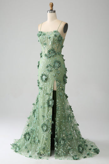 Mermaid Spaghetti Straps Green Corset Prom Dress with Appliques
