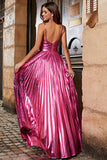 Hot Pink A-Line Spaghetti Straps Pleated Sparkly Prom Dress with Slit