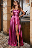 Hot Pink A-Line Spaghetti Straps Pleated Sparkly Prom Dress with Slit