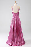 Fuchsia A-Line Spaghetti Straps Pleated Prom Dress with Slit