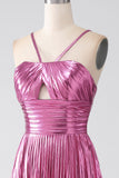 Fuchsia A-Line Spaghetti Straps Pleated Prom Dress with Slit