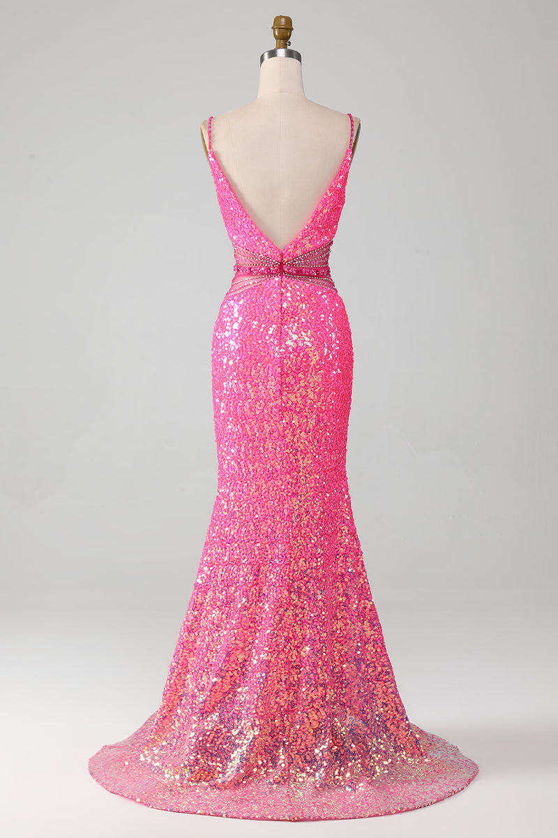 Load image into Gallery viewer, Hot Pink Spaghetti Straps Glitter Mermaid Prom Dress with Beading Waist