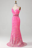 Hot Pink Spaghetti Straps Glitter Mermaid Prom Dress with Beading Waist