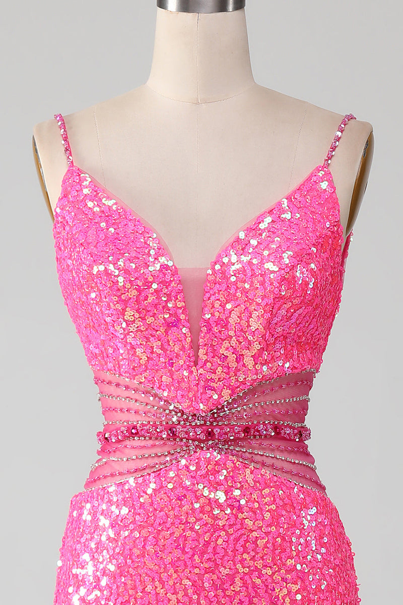 Load image into Gallery viewer, Hot Pink Spaghetti Straps Glitter Mermaid Prom Dress with Beading Waist