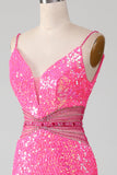 Hot Pink Spaghetti Straps Glitter Mermaid Prom Dress with Beading Waist