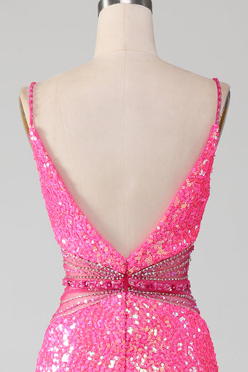 Hot Pink Spaghetti Straps Glitter Mermaid Prom Dress with Beading Waist