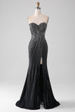 Black Glitter Strapless Mermaid Prom Dress with Slit