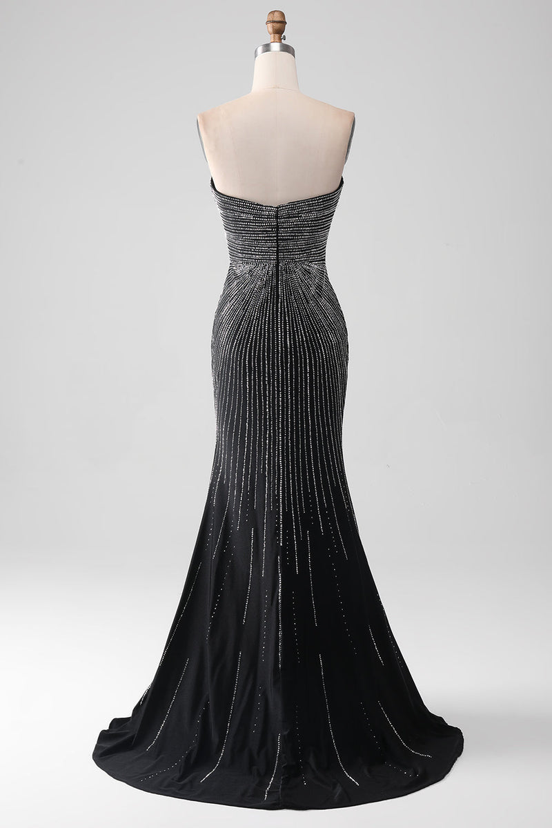 Load image into Gallery viewer, Black Glitter Strapless Mermaid Prom Dress with Slit