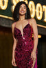 Load image into Gallery viewer, Spaghetti Straps Hot Pink Sparkly Mermaid Sequins Long Prom Dress with Slit