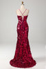 Load image into Gallery viewer, Sparkly Mermaid Spaghetti Straps Fuchsia Sequins Long Prom Dress with Slit