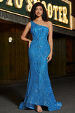 Mermaid One Shoulder Blue Long Prom Dress with Sequins