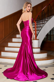 Sparkly Mermaid Fuchsia Corset Prom Dress with Slit