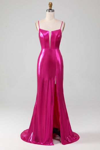 Sparkly Hot Pink Mermaid Simple Prom Dress With Slit