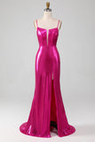 Sparkly Hot Pink Mermaid Simple Prom Dress With Slit