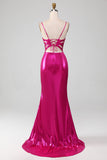 Sparkly Hot Pink Mermaid Simple Prom Dress With Slit