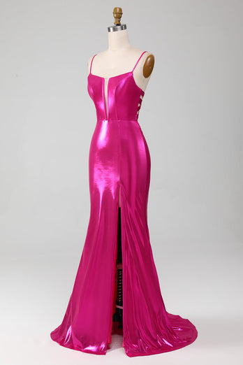 Sparkly Hot Pink Mermaid Simple Prom Dress With Slit