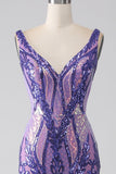 Sparkly Purple Mermaid V Neck Sequins Long Prom Dress