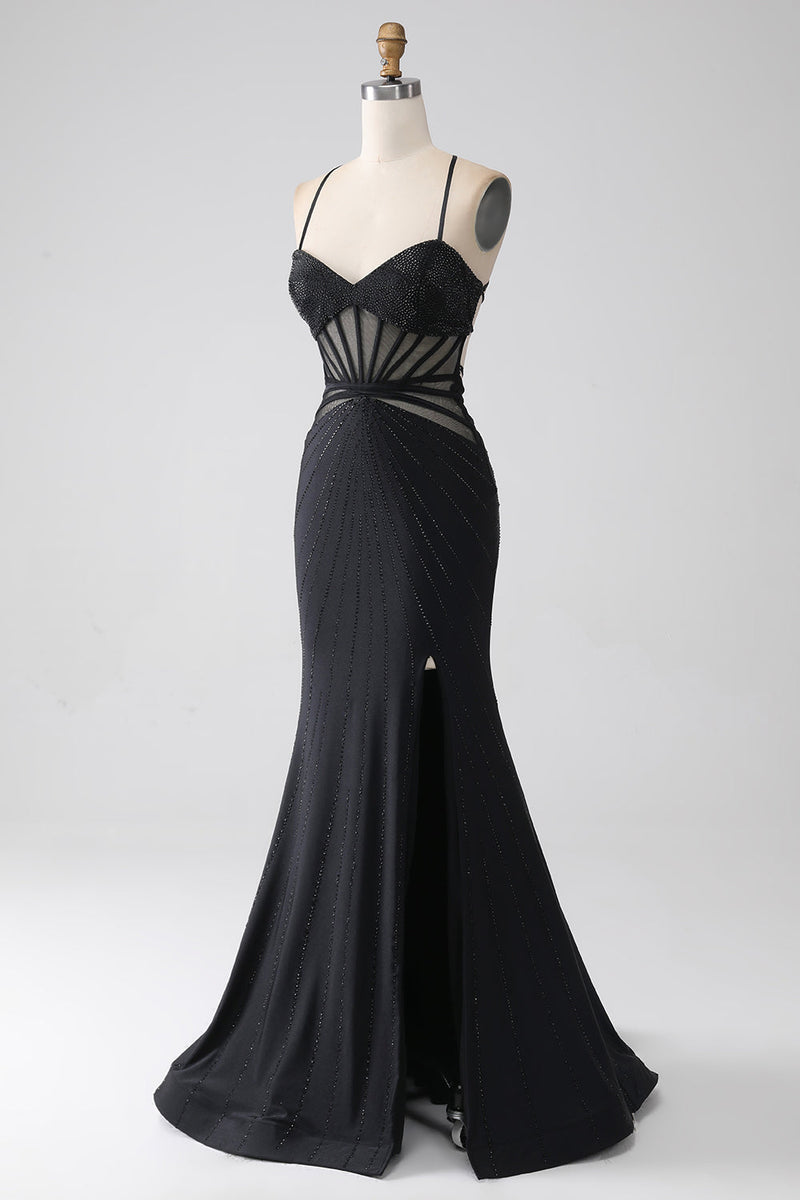 Load image into Gallery viewer, Mermaid Black Spaghetti Straps Long Prom Dress with Slit