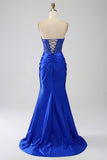 Royal Blue Mermaid Strapless Corset Long Prom Dress with Beading