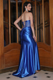 Royal Blue Mermaid Strapless Corset Long Prom Dress with Beading