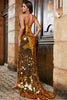 Load image into Gallery viewer, Golden Mermaid Halter Glitter Mirror Prom Dress With High Slit