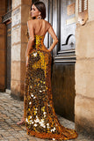 Golden Mermaid Halter Glitter Mirror Prom Dress With High Slit