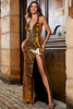 Load image into Gallery viewer, Golden Mermaid Halter Glitter Mirror Prom Dress With High Slit