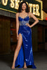 Load image into Gallery viewer, Mermaid Sparkly Sequin Pleated Royal Blue Corset Prom Dress With Slit