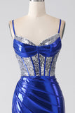 Royal Blue Mermaid Sparkly Sequin Pleated Corset Prom Dress With Slit