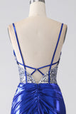 Royal Blue Mermaid Sparkly Sequin Pleated Corset Prom Dress With Slit