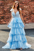 Load image into Gallery viewer, Tiered Tulle Sweetheart Bow Tie Straps Sequin Prom Dress with Appliques