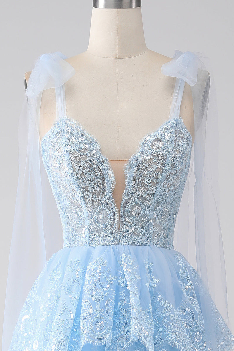 Load image into Gallery viewer, Light Blue Sweetheart Bow Tie Straps Tiered Tulle Sequin Prom Dress with Appliques