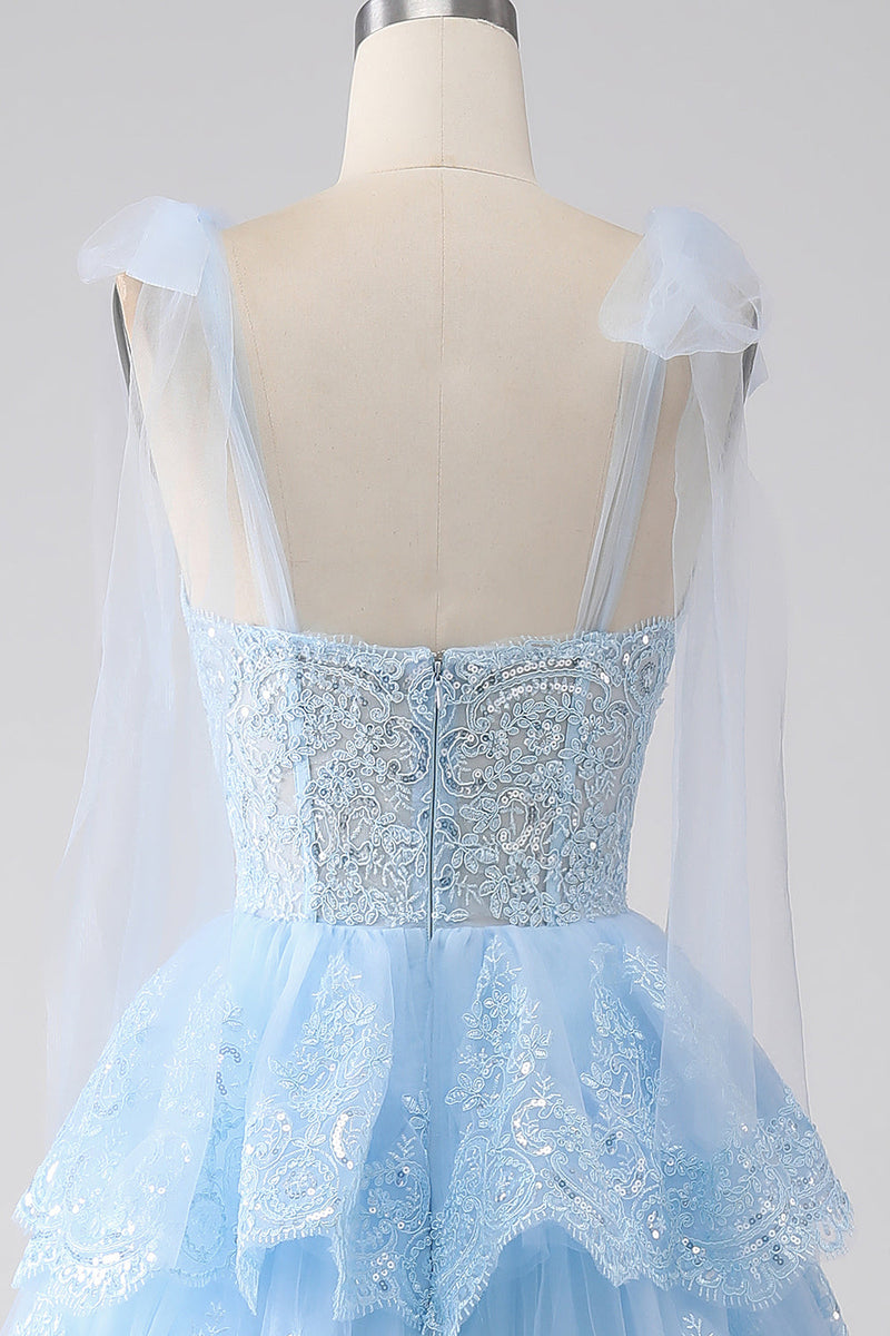 Load image into Gallery viewer, Light Blue Sweetheart Bow Tie Straps Tiered Tulle Sequin Prom Dress with Appliques